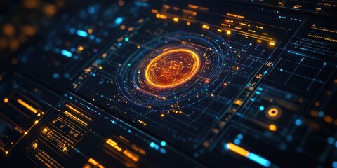 Abstract Digital Interface with Glowing Orange and Blue Lights