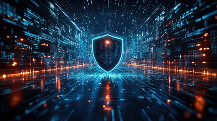 A futuristic digital concept showcasing cybersecurity with a glowing shield amid streaming data and technology.