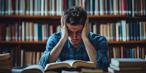 Wall Mural - student man have anxiety because of exams, male prepare for test and learning lessons in the library. stress, despair, haste, misunderstanding reading, discouraged, expectation, knowledge, tired