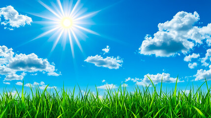 Illustration of green grass with a blue sky and sun