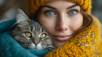 Embodying elegance, a young woman in a knitted sweater poses with a lovable cat. Expressive eyes and a glamorous vibe characterize this striking portrayal.