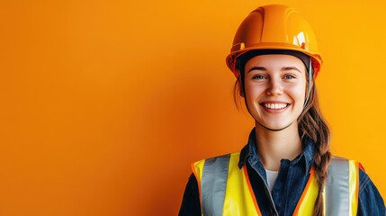 Canvas Print - Construction Woman in Safety Gear Smiling with Copy Space on Colorful Background