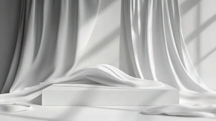 Wall Mural - Minimalist White Rectangular Podium Draped with White Silk on a White Background, Featuring a Clean and Elegant Design.