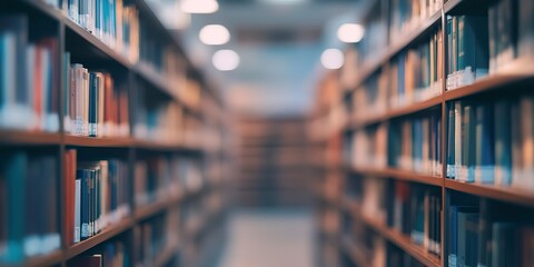 Poster - A blurry public library interior space. Bookshelves on a blurry background with a defocused effect. Suitable for business or education concepts.