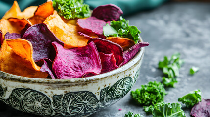 A variety of colorful raw vegetable chips in a decorative bowl with fresh green kale scattered around the table