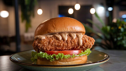 Crispy fried chicken burger with juicy fillet, fresh lettuce, and ripe tomato on a soft bun, served on a restaurant background, perfect for food menus, promotions, and advertisements. 