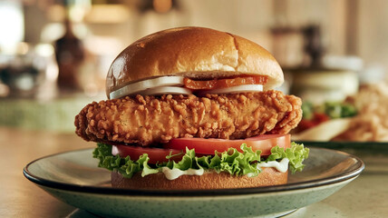 Crispy fried chicken burger with juicy fillet, fresh lettuce, and ripe tomato on a soft bun, served on a restaurant background, perfect for food menus, promotions, and advertisements. 