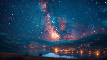 Wall Mural - Starry night over a quiet village, cool background