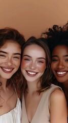 Wall Mural - Three women with different skin tones are smiling and posing for a photo