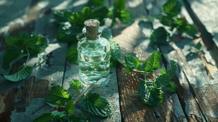 Wall Mural - A rustic tabletop adorned with fresh mint leaves and a small, corked glass bottle, capturing a serene, natural setting in soft daylight.