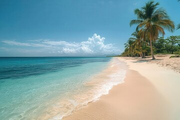 Wall Mural - pristine sandy beach stretches to meet crystalclear turquoise waters palm trees sway gently in the breeze creating an idyllic tropical paradise scene perfect for relaxation