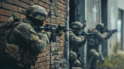 Wall Mural - Soldiers in camouflaged uniforms take tactical positions against a brick wall, aiming their rifles during a high-intensity military operation.