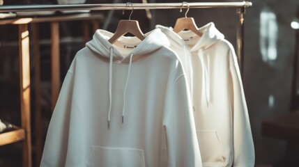 Two White Hoodies Hanging on a Rack