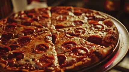 A delectable pepperoni pizza with a golden, melting cheese topping, ready to be savored.