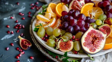 Poster - A vibrant platter of mixed fruits including figs, grapes, and oranges, is beautifully arranged, showcasing a feast of colors and freshness.