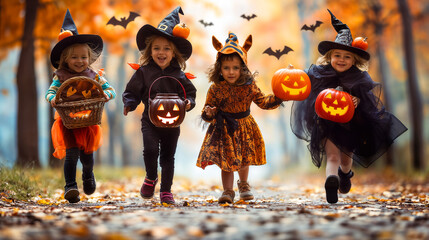 Wall Mural - Four girls dressed in various Halloween costumes celebrate the festive season by walking along a leaf-covered path in a vibrant autumn forest, carrying pumpkins and treat baskets