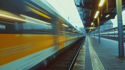 Wall Mural - A high-speed train rushes past an urban platform, creating a blur of motion against the stark, modern railway station.