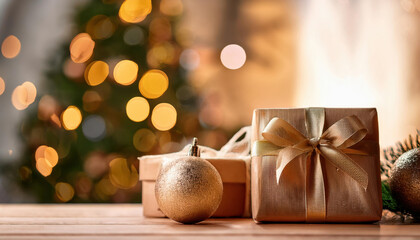 Close up of two orange wrapping paper Christmas gifts, gold ribbon on wooden table at home with warm bokeh light for luxury present background concept