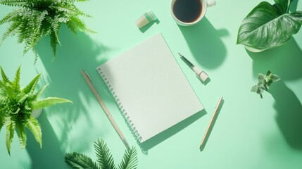 Top view of a light green table with a ledger, two green plants, a cup of coffee, a pen, a small eraser, and watercolor pens. High-definition, bright, clear focus.