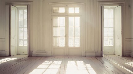 Wall Mural - Soft sunlight streams through elegant French doors, flooding a spacious, white-walled room with serene and ethereal light, creating a dreamy atmosphere.