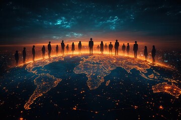 Wall Mural - diverse group silhouettes standing atop translucent world map glowing connections between figures futuristic holographic display symbolizing global unity and collaboration