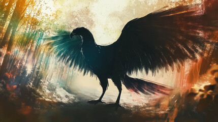 A black crow with glowing wings, set against a cosmic background of swirling colors, symbolizing freedom, power, and mystery in a surreal, fantasy setting.