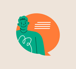 Chat bubble, message bubble with man, internet dialog, communication, conversation, talk. Colorful vector illustration
