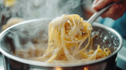 Wall Mural - Cook pasta in a metal saucepan by boiling it and then draining it with a steel spoon