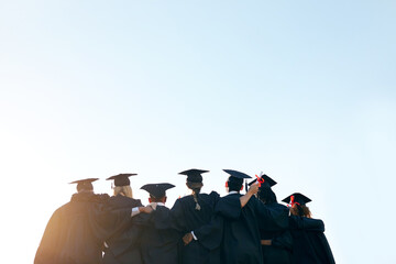 Poster - Graduation, sky or back of students with space at university for education, opportunity or success. Mockup, scholarship or group of proud people hug with college certificate, degree or achievement