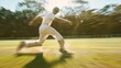 © VK Studio - A cricket player in action mid-run, blurring motion on a sunny day, captures the energy and excitement of the game in a lush green field.