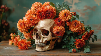 Isolated human skull withchrysanthemums , a spooky symbol of death and Halloween