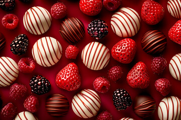 A close up of a dessert with strawberries and raspberries. The dessert is covered in chocolate and has a white center. Concept of indulgence and luxury, as the dessert is rich and decadent