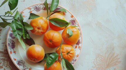 A decorative plate of ripe oranges with fresh green leaves, artistically arranged on a rustic surface, showcasing natural beauty and simplicity.