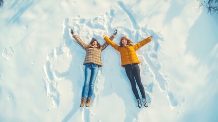 Poster - Two friends making snow angels and enjoying winter in a snowy landscape during a bright sunny day