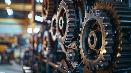 A close-up of interlocking gears and machinery in a factory, highlighting the complex and intricate mechanics and industrial technology.