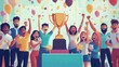 © Nottenaj - 96. Cartoon-style image of a best performer award ceremony in a multicultural office, with a large trophy on a podium and diverse employees cheering