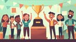 © Namwan - 96. Cartoon-style image of a best performer award ceremony in a multicultural office, with a large trophy on a podium and diverse employees cheering
