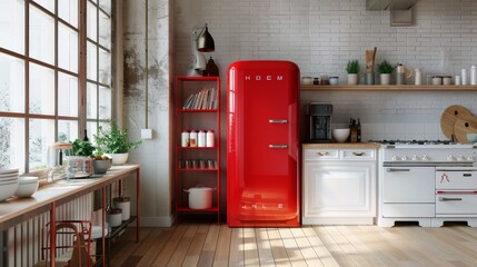 Rustic kitchen with a red fridge and open shelving filled with essentials, bathed in warm natural light, blending vintage charm with modern functionality.