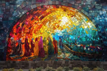 Wall Mural - A detailed illustration of a stained glass window, showcasing the vibrant colors and intricate details of a biblical scene.