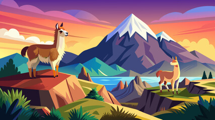 Two llamas standing on a ridge in front of a mountain.