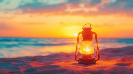 Wall Mural - Lantern Illuminating Sunset Beach, a serene lantern glows softly against the backdrop of a blurred sea, capturing the tranquil essence of twilight by the shore.