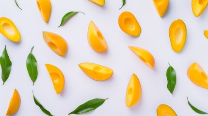 Sticker - Artistic arrangement of fresh mango slices and green leaves laid out on a white background, creating a vibrant and refreshing visual.