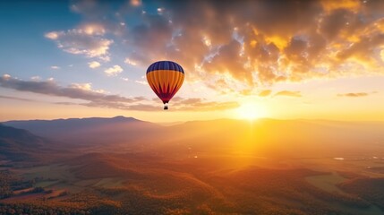 Sticker - Hot Air Balloon Flight Over Mountains During Sunset