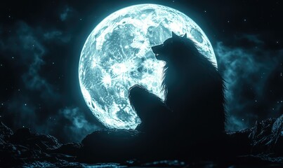  Silhouette of a wolf against a large full moon in a night sky, exuding a mysterious and dramatic atmosphere.