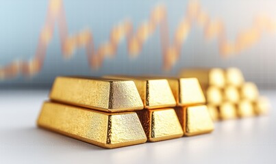 Stack of gold bars with a blurred stock chart in the background, symbolizing investment, wealth, and market trends.