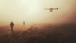 © VK Studio - Silhouettes of soldiers and a drone navigate through a foggy landscape at dawn, creating a scene of technological warfare shrouded in mystery.