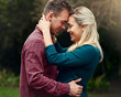 © BestCam/peopleimages.com - Hug, happy couple and forehead touch outdoor for love, commitment or marriage anniversary with eyes closed. Smile, man and woman embrace in nature on holiday date for support or romantic connection