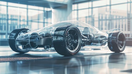 A transparent concept car in a modern showroom highlights the future of automotive engineering with its sleek design and innovative technology.