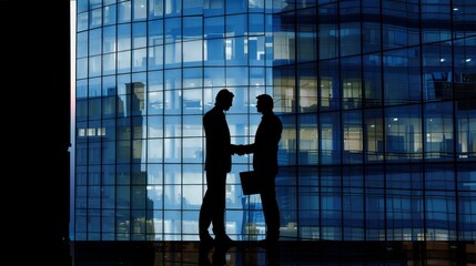 Executive Agreement Silhouetted Businesspeople Shake Hands Over Contract Against Urban Skyline