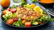 © lnwAI - Grilled chicken breast with fresh vegetables, elegant plating, food styling, crisp details, high resolution, large negative space for text, gradient blue to orange background